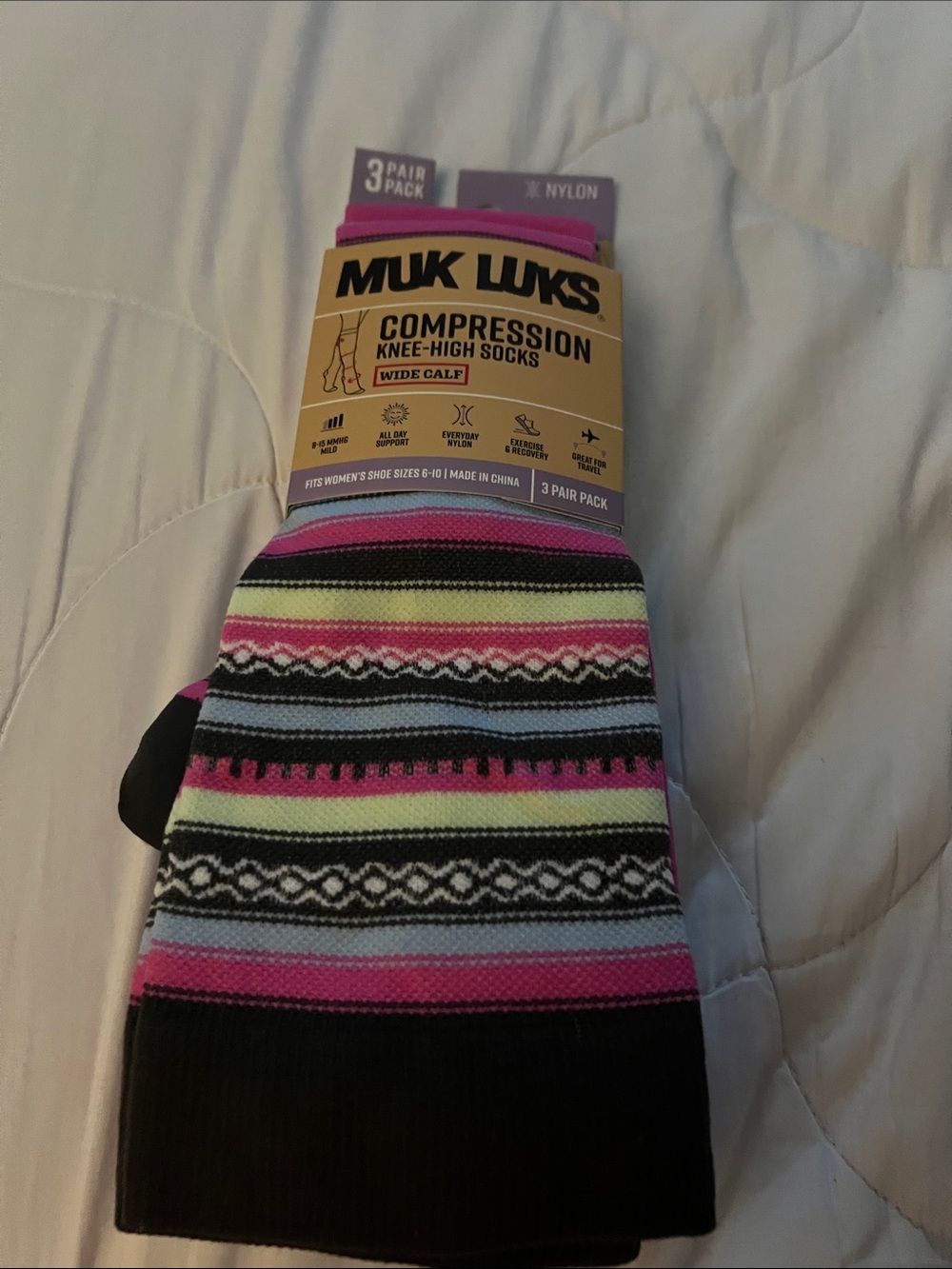 Muk Luks Compression Knee-High Socks - Pink, Black & Light Blue Stripes